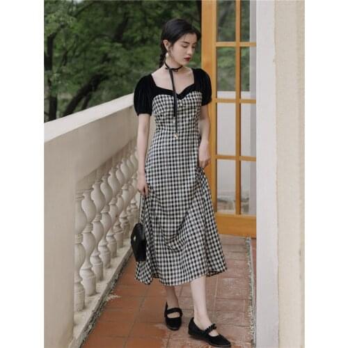 2020 new fashion womens clothing Square Collar Plaid Vintage dress women dress
