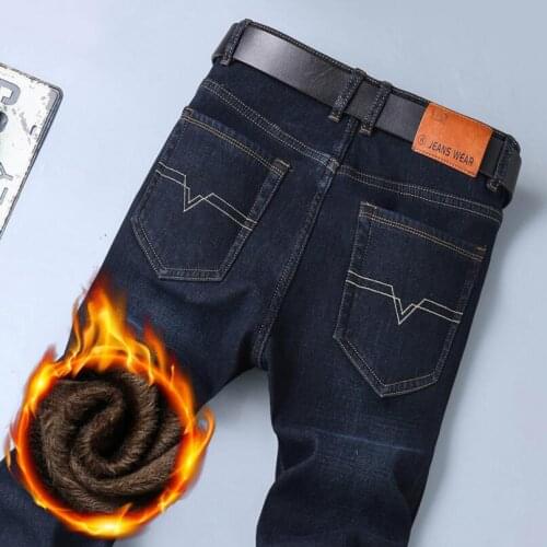 Winter Straight Jeans for Men Fleece Thicken Warm Denim Jeans Good Quality Men Stretch Casual Long Jeans Solid Elastic Pants 40