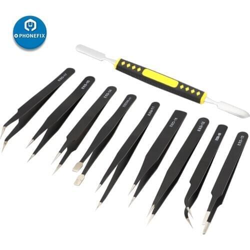 10pcs Anti-static ESD Stainless Steel Tweezers Maintenance Tools Electronics Industrial Precision Curved Straight Tweezer Repair