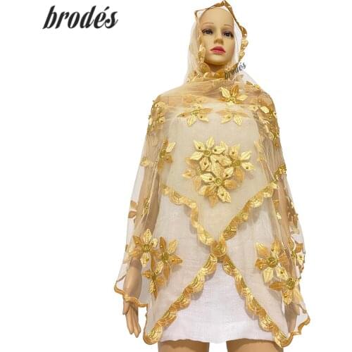 2021 African Women Embroidered Net Shawl Muslim Fashion Diamond Headscarf Indian Arabia Scarf And Shawl 200*50cm Tulle Material