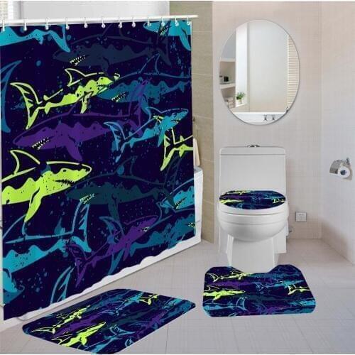 4 Pieces Bathroom Set Shark Shower Curtains Blue Toilet Seat Kids Bath Carpet 3D Printing Bathroom Comfortable And Soft Carpet