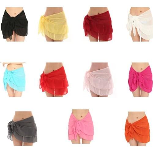 40GC Women Double Layer Ruffles Beach Short Sarong Swimsuit Bikini Chiffon Cover Up Summer Multi Use Sunscreen Shawl Solid Color
