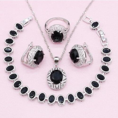 Silver Color Bridal Jewelry Sets for Women Black Cubic Zirconia Bracelet Earrings Necklace Pendant Ring Birthday Gift