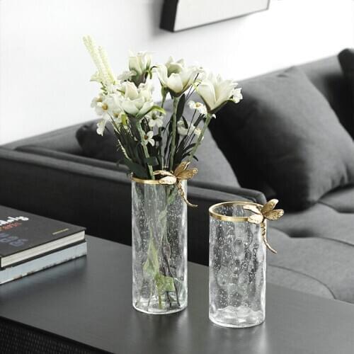 Home Decor Accessories With Bubble Glass Vase Figurine Living Room Ornament Objects Office Gold Dragonfly Copper Statue Gifts