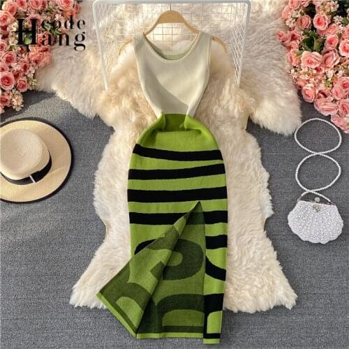 HangCode Knit Slit Summer Women Bodycon Long Striped Fashion Sleeveless Elegant Party Outfits Sexy Night Club Dress Robe Femme