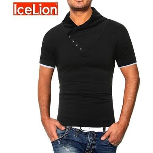 IceLion 2021 Spring And Summer New casual mens T-shirts Diagonal Button Stand collar Slim Tops For Man short sleeve tshirt Men