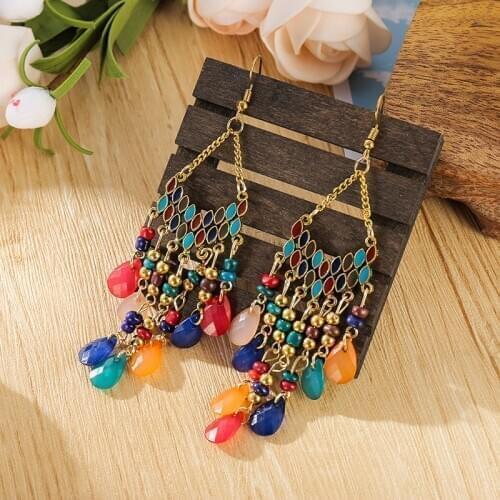 Classic Ethnic Trendy Sector Corful Crystal Beads Dangle Earrings 2020 Long Wedding Earrings Hangers