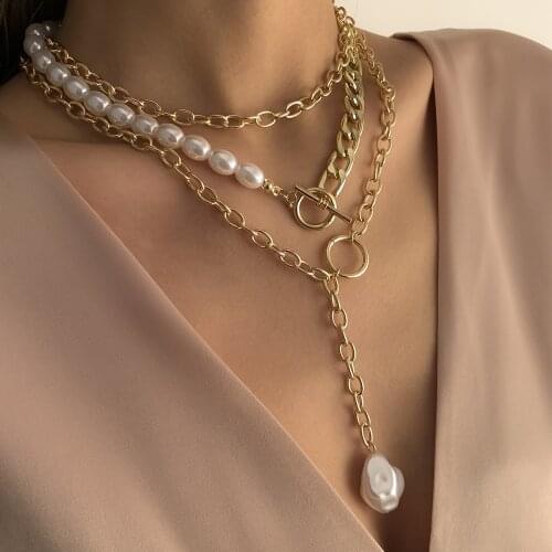 KMVEXO Punk Multi Layered Metal Chains Toggle Clasp Choker Pearl Necklace 2021 for Women Baroque Pearl Coin Necklaces Jewelry