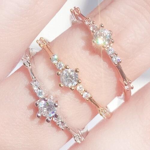 Double Fair Small Crystal Thin Rings For Women Rose Gold Shiny Zircon Minimalist Jewelry Girls Gift Rings KCR090M
