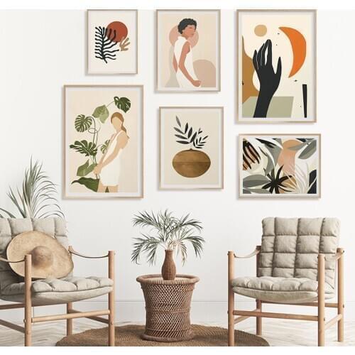 Minimalist Abstract Boho Sun Green Leaves Girl Modern Posters Canvas Paintings Wall Art Prints Pictures Living Room Home Decor