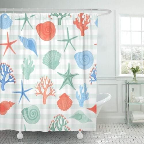 Navy Starfish Watercolor Corals Seashells and Starfishes Bright Sea Shower Curtain Waterproof Polyester Fabric 72 x 72 Inches