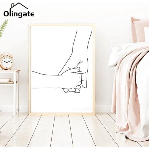 Nursery Wall Art Canvas Painting Nordic Love Family Minimalist Line Art Print Holding Hands Mom Child Hands Poster Wall Decor