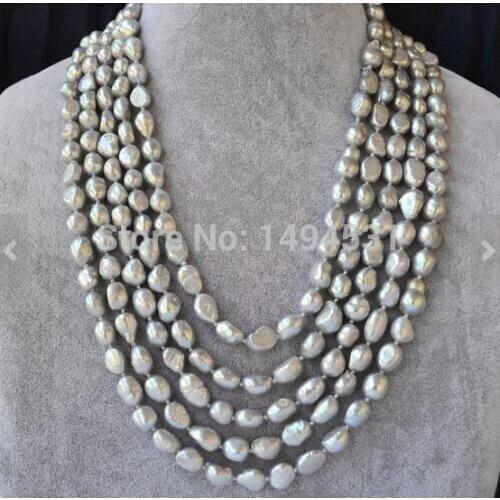 Wholesale Pearl Jewelry , Gray Color 100 Inches Long AA 8-10MM Baroque Shaper Genuine Freshwater Pearl Necklace - Free Shipping