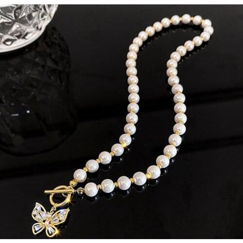 Pearl Butterfly Necklace Clavicle Chain Round Pearl Jewelry Gifts Trendy for Women Jewelry Rope