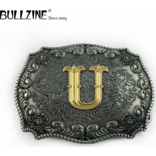 The Bullzine letter U belt buckle with pewter and gold finish FP-03687-U suitable for 4cm width belt