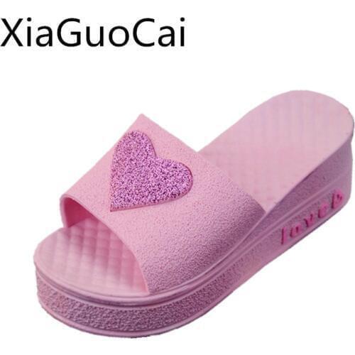 Wedges Womans Slippers Summer Female Heart-shaped Wedge High Heel Slides Holiday Beach Shoes for Ladies Antiskid Slippers