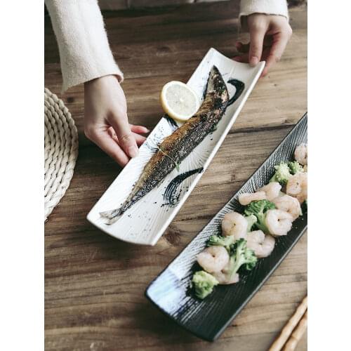Sushi plate ceramic rectangular plate creative Japanese cuisine pastry plate hand-painted long sashimi plate saury plate