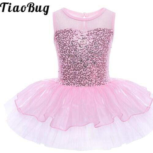 TiaoBug Kids Sleeveless Sequins Classic Tutu Dancewear Gymnastics Leotard Ballerina Girls Ballet Dress Stage Performance Costume