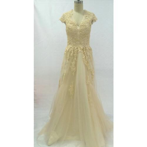 Real Photo A-Line Cap Sleeve Tulle Beaded V-Neck Zipper Up Floor Length Wedding Dresses Real Photo Bridal Gown