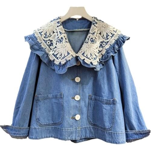 Vintage Blue Short Denim Jacket Women Outerwear Removable Hollow Out Crochet Flowers Peter Pan Collar Jeans Jacket Coat Female