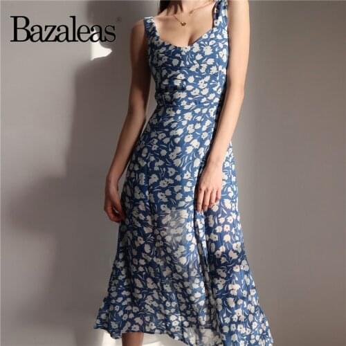 Bazaleas Vintage Chiffon Split women dress Back Elastic vestidos Holiday Blue Floral Print Tank women midi Dress