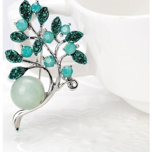 Purple Green Leaf Brooch Rhinestone Stone Tree Branch Brooches for Women Enamel Pins Jewelry Accessories