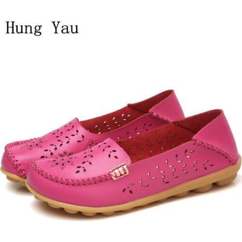 Women Shoes Flats Genuine Leather 2018 Summer Sandals Fashion Hollow Casual Shoes Woman Flat Slip On Walking Loafers Plus Size