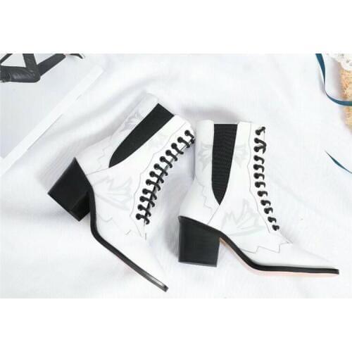 2018 New Autumn Women Brand Black White Pointed Toe Med Square Heels Lace Up Front Comfortable Casual Knight Short Ankle Boots