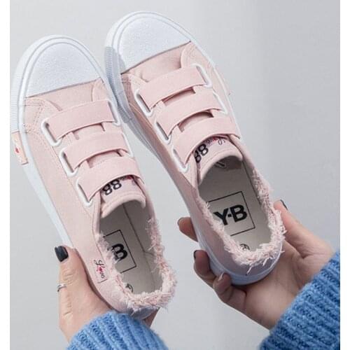 Summer 2021 New Pink Canvas Shoes Womens Flat School Board Shoes Velcro Sneakers Breathable Single Shoes