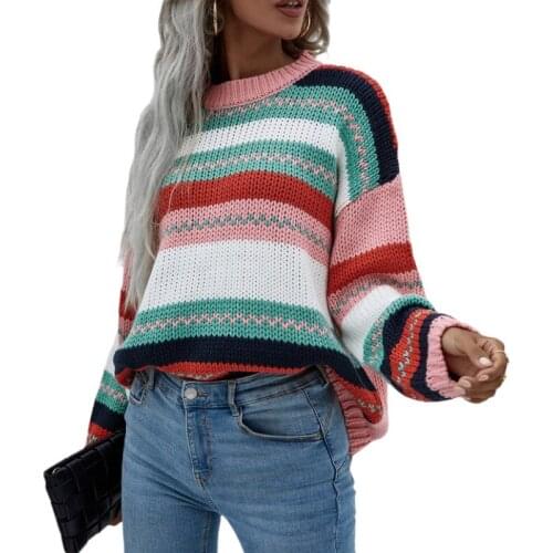 Women Round Neck Sweaters, Bohemian Long Sleeve Color Block Striped Loose Knit Tops Spring Autumn Daily Wear