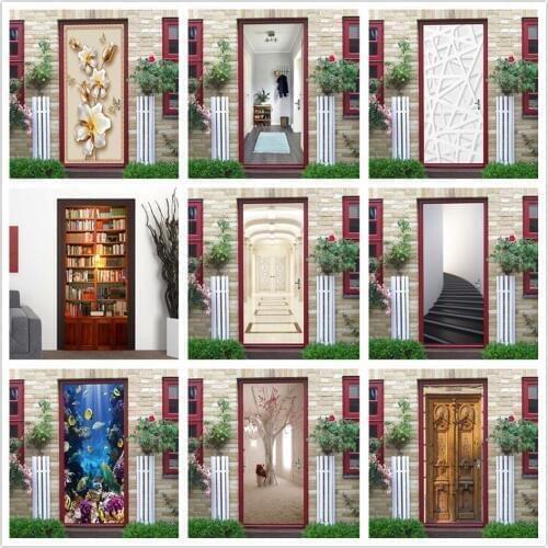 2pcs/set Natural Door Mural DIY Self-adhesive Sticker Vinyl Waterproof Wallpaper Removable Decals Home Decor Poster deursticker