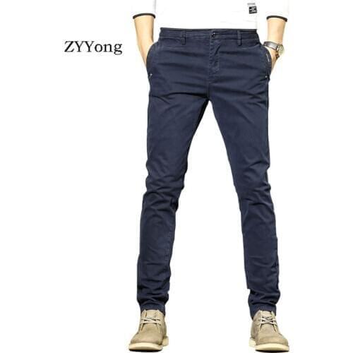 2020 New Youth Mens Casual Cargo Pants Cotton Elastic Flexible Simple Straight Fashion Overalls Slim Khaki Dark Blue Trousers