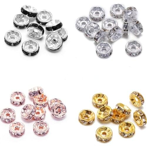 50pcs/Lot Gold Multicolor Loose Rhinestone Crystal Beads 6 8 10 12 mm Metal Rondelle Spacer Beads For Diy Jewelry Making