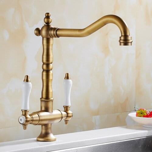 Antique Brass Dual Porcelain Water Tap 360 Swivel Kitchen Faucets Kitchen Sink Solid Brass Mixer Taps Dual handle
