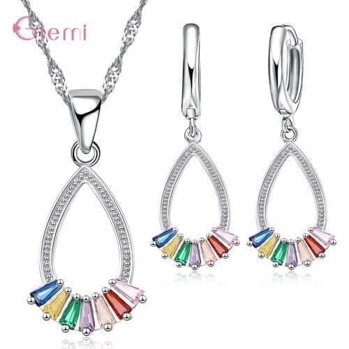 Free Shipping Fashion 925 Sterling Silver Jewelry Luxury Cute Waterdrop Muti-colors Zircon Necklace Earrings Jewelry Sets