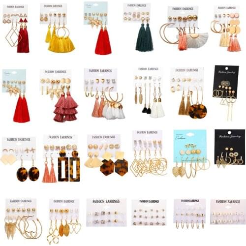 Bohemian Tassel Drop Earrings Set Leaf Heart Flower Statement Earring For Women Girl Fashion Jewelry Geometric Rhinestone Earing