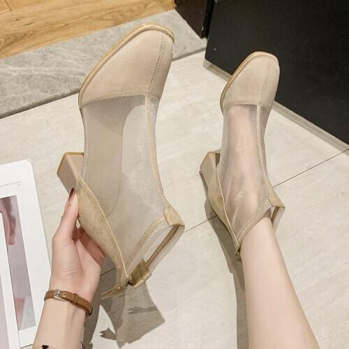 GOOHOJIO 2020 Temperament All-match Boots Female Mesh High Heels Breathable Boots Women Autumn Ankle Zipper Boots Woman Shoes