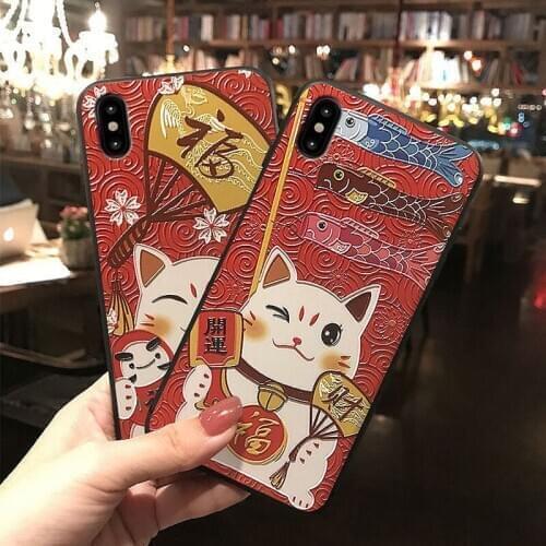 Lucky Cat 3D Embossed Phone Case For iPhone X XS XR 11 12 Pro MAX 6 7 8 Plus Capa Soft Back Covers Cute Matte Phone Cases