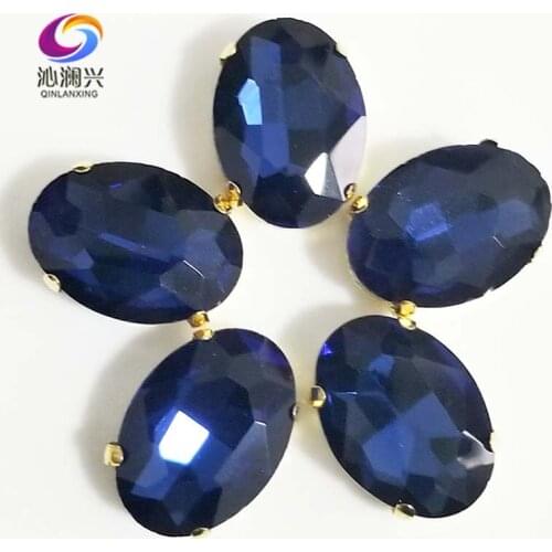 Ink blue oval shape High quality Glass Crystal sew on stones,golden bottom claw rhinestone,Diy/Clothing accessories SWTG22