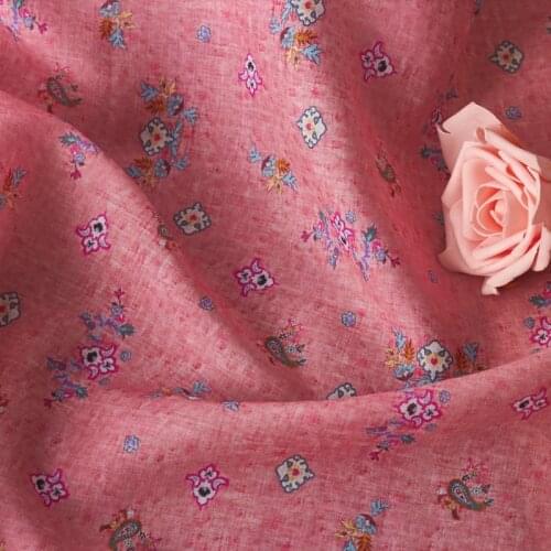Pure ramie fabric Pink Flower Print tissu High-end dress and garment handicraft fabrics