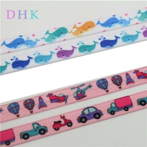 DHK 5/8'' 5yards animals cars whale printed Fold Elastic FOE stretch ribbon hairbow headwear headband DIY OEM C1669