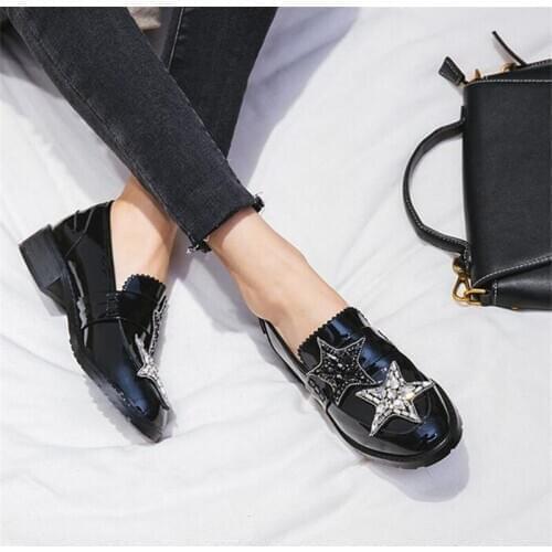 Fornihapfirafs Fashion Hot Women Shoes Black Leather Geometric Crystal Women Casual Flats Round Toe Slip-On Loafers Shoes Woman