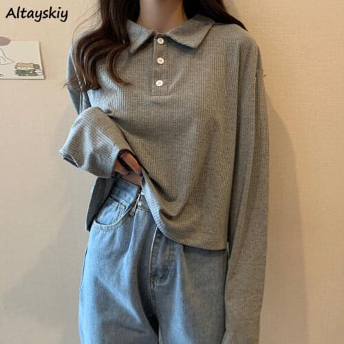 T-shirts Women Summer Solid Color Preppy Korean Style Buttons Turn-down Collar Lovely Students Long Sleeve Simple Basic Workout