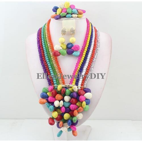 Colourful African Beads Jewelry Set Nigerian wedding bridal dubai Crystal Beads women statement Necklace SetW10866