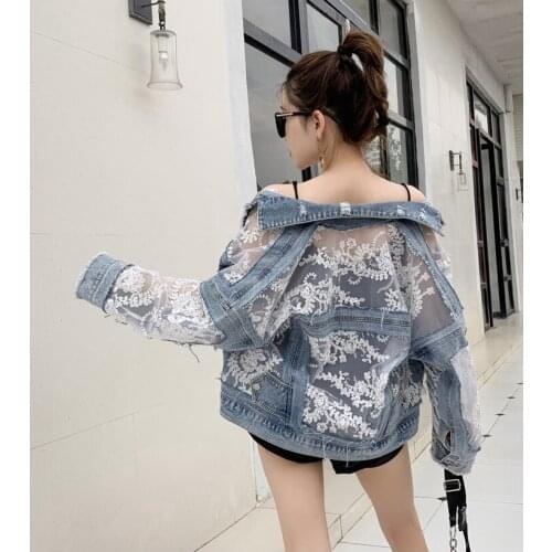 2020 New Summer Long Sleeve Large Size Jeans Jackets Womens Coat Loose Lace Stitching Perspective Top Jacket Ladies Denim Coat