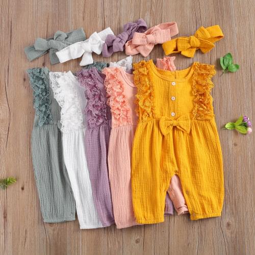 Citgeett Summer Infant Baby Girls Clothes Set Sleeveless Solid Jumpsuit + Headdress Romper Casual Clothes