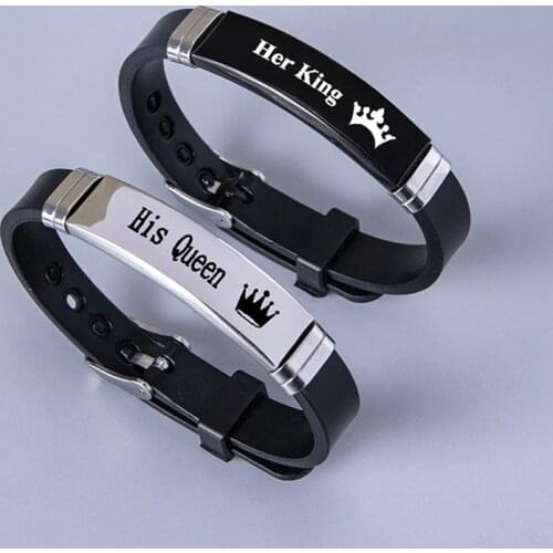 Trendy Sport Silicone Couple Bracelet Bangle Black White Crown Her King His Queen Stainless Steel Bracelets Gift