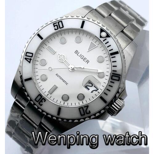 Bliger 43mm Mens Top Luxury Mechanical Watch Sapphire Glass Ceramic Bezel White Dial Japan NH35A Movement Mens Automatic Watch