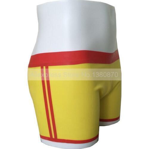 Male Yellow and Red Trims Rubber Latex Shorts Man Boxer Panties Custom Made S-LPM028