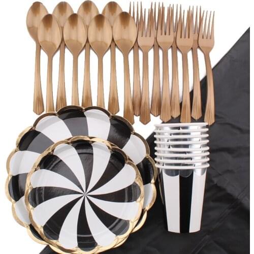 Black Rotating Lace Tableware Set Birthday Celebration Party Picnic Party Decoration Supplies Disposable Tableware Set Party